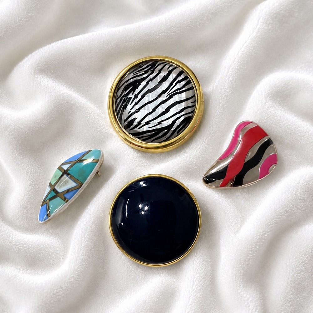 Vintage Abstract Brooch Lot 4 Resin Enamel Geometric Zebra Print‎ Statement Pins